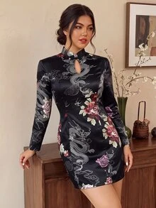 EastFlair Plus Size Women's Floral Chinese Dragon Pattern Frog Button Design Elegant Dress Winter - Multicolor - View 3