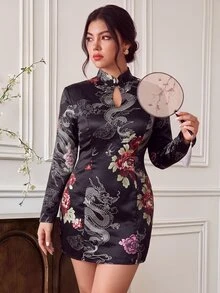 EastFlair Plus Size Women's Floral Chinese Dragon Pattern Frog Button Design Elegant Dress Winter - Multicolor - View 5