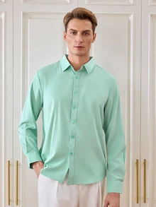 Officeau Kemeja Formal Pria Lengan Panjang Kancing Tunggal, Warna Polos, Bahu Reguler - Mint Blue - View 7