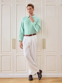 Officeau Kemeja Formal Pria Lengan Panjang Kancing Tunggal, Warna Polos, Bahu Reguler - Mint Blue - View 4