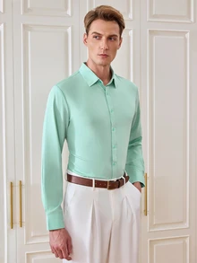 Officeau Kemeja Formal Pria Lengan Panjang Kancing Tunggal, Warna Polos, Bahu Reguler - Mint Blue - View 2