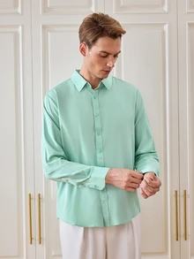 Officeau Kemeja Formal Pria Lengan Panjang Kancing Tunggal, Warna Polos, Bahu Reguler - Mint Blue - View 5