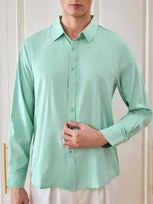 Officeau Kemeja Formal Pria Lengan Panjang Kancing Tunggal, Warna Polos, Bahu Reguler - Mint Blue - View 8