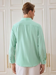 Officeau Kemeja Formal Pria Lengan Panjang Kancing Tunggal, Warna Polos, Bahu Reguler - Mint Blue - View 3