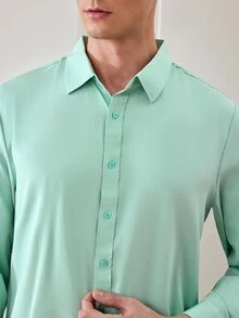 Officeau Kemeja Formal Pria Lengan Panjang Kancing Tunggal, Warna Polos, Bahu Reguler - Mint Blue - View 9