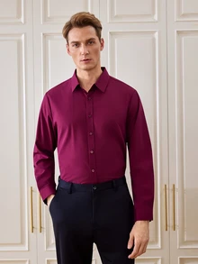 Officeau Men's Solid Color Single-Breasted Long Sleeve Formal Dress Shirt For Business Office - Violet Purple - View 6