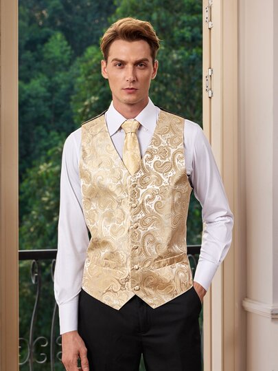 Officeau Men's Black Patterned Vest, Tie, Handkerchief, Cufflinks Set, Suitable For Formal Occasions Like Weddings And Casual Wear