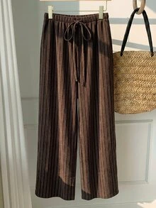 SHEIN EZwear Women's Casual Waist Tie Straight Leg Pants Suitable For Summer - Brown - View 4