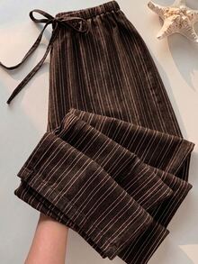 SHEIN EZwear Women's Casual Waist Tie Straight Leg Pants Suitable For Summer - Brown - View 2
