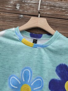 SHEIN LUNE 休閒可愛花卉圖案圓領寬鬆女款運動衫，適合秋冬，休閒，運動衫 - 鉤編風格彩色花卉 - 彩色 - 查看 4