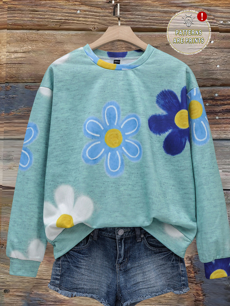 SHEIN LUNE 休閒可愛花卉圖案圓領寬鬆女款運動衫，適合秋冬，休閒，運動衫 - 鉤編風格彩色花卉 - 彩色 - 查看 1