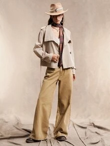 Easelle 复古游牧风高领收腰纽扣女式风衣，女式风衣，系带风衣，女式外套，女式夹克，秋冬款 - 杏色 - 查看 3