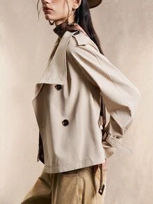 Easelle 复古游牧风高领收腰纽扣女式风衣，女式风衣，系带风衣，女式外套，女式夹克，秋冬款 - 杏色 - 查看 5