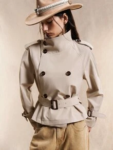 Easelle 复古游牧风高领收腰纽扣女式风衣，女式风衣，系带风衣，女式外套，女式夹克，秋冬款 - 杏色 - 查看 7
