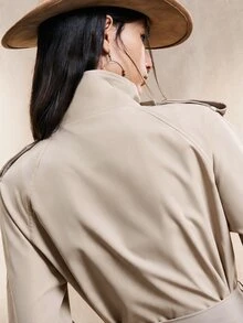 Easelle 复古游牧风高领收腰纽扣女式风衣，女式风衣，系带风衣，女式外套，女式夹克，秋冬款 - 杏色 - 查看 8