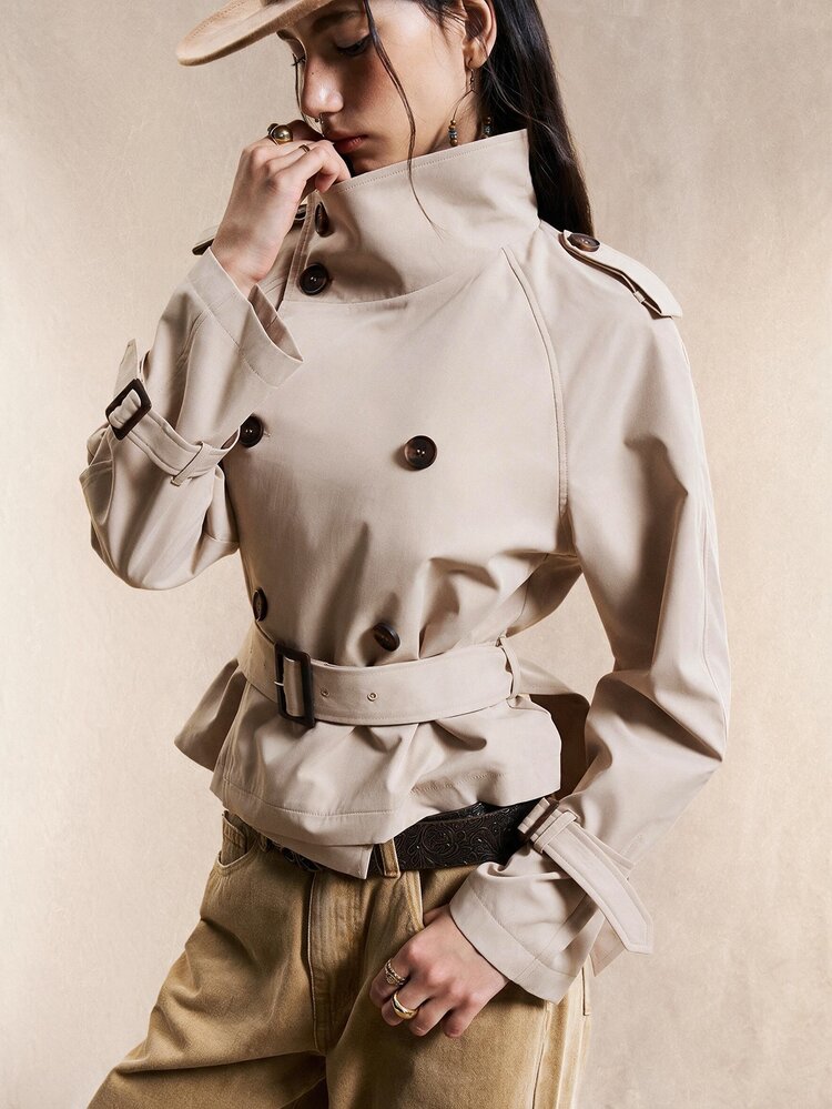 Easelle 复古游牧风高领收腰纽扣女式风衣，女式风衣，系带风衣，女式外套，女式夹克，秋冬款 - 杏色 - 查看 6