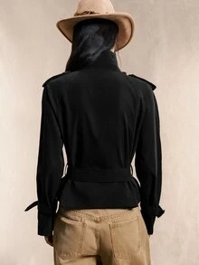 Easelle 复古游牧风高领腰部纽扣女士黑色风衣 女士风衣腰带风衣 女士外套 秋冬女士夹克 - 黑色 - 查看 2