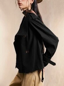 Easelle 复古游牧风高领腰部纽扣女士黑色风衣 女士风衣腰带风衣 女士外套 秋冬女士夹克 - 黑色 - 查看 5