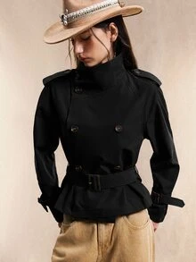 Easelle 复古游牧风高领腰部纽扣女士黑色风衣 女士风衣腰带风衣 女士外套 秋冬女士夹克 - 黑色 - 查看 7