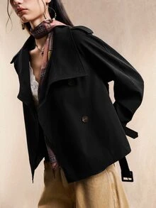 Easelle 复古游牧风高领腰部纽扣女士黑色风衣 女士风衣腰带风衣 女士外套 秋冬女士夹克 - 黑色 - 查看 4
