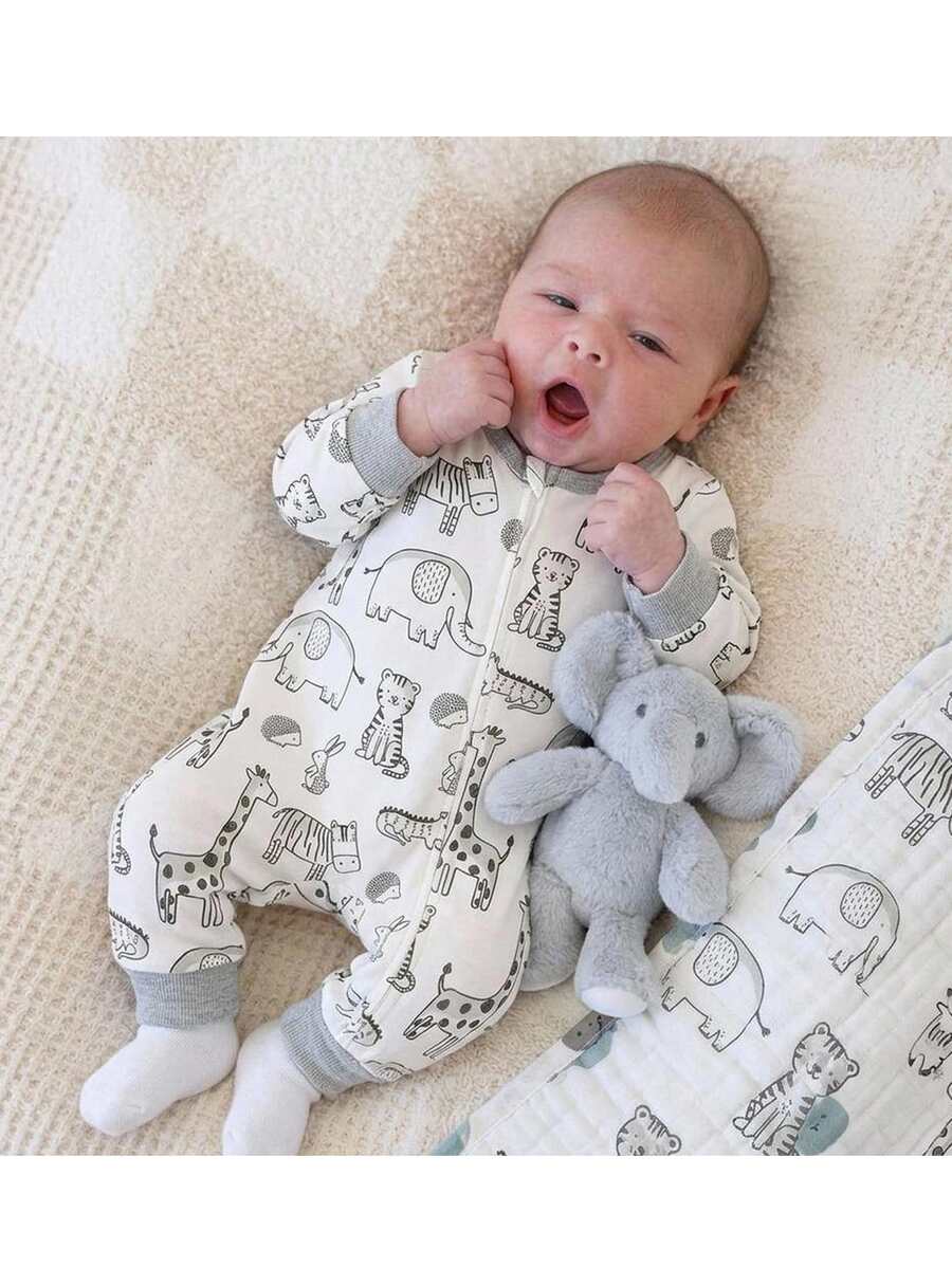 SHEIN Dinosaur Print Long Sleeve Newborn Pajamas - White - View 1