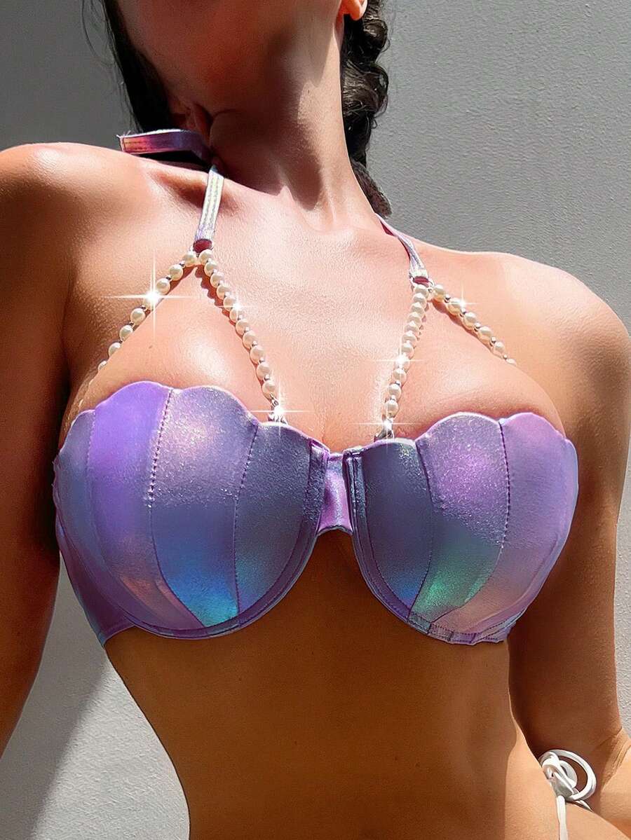 SHEIN Swim Summer Beach Vacation Pool Laser Faux Pearl Decorated Halter Bikini Top, Halloween - Purple - View 1