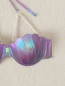 SHEIN Swim Summer Beach Vacation Pool Laser Faux Pearl Decorated Halter Bikini Top, Halloween - Purple - View 3