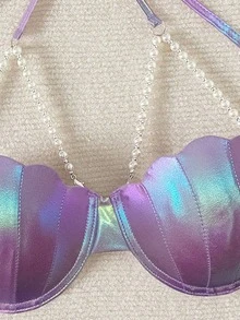 SHEIN Swim Summer Beach Vacation Pool Laser Faux Pearl Decorated Halter Bikini Top, Halloween - Purple - View 5