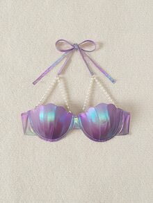 SHEIN Swim Summer Beach Vacation Pool Laser Faux Pearl Decorated Halter Bikini Top, Halloween - Purple - View 6