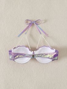 SHEIN Swim Summer Beach Vacation Pool Laser Faux Pearl Decorated Halter Bikini Top, Halloween - Purple - View 4
