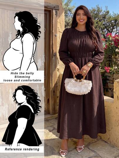 Auralis Plus Size Brown Round Neck Cinched Waist Flared Umbrella Skirt/Casual Dress/Brown Casual Flared Dress With Elastic Waist Elegant Daily Going Out Dress