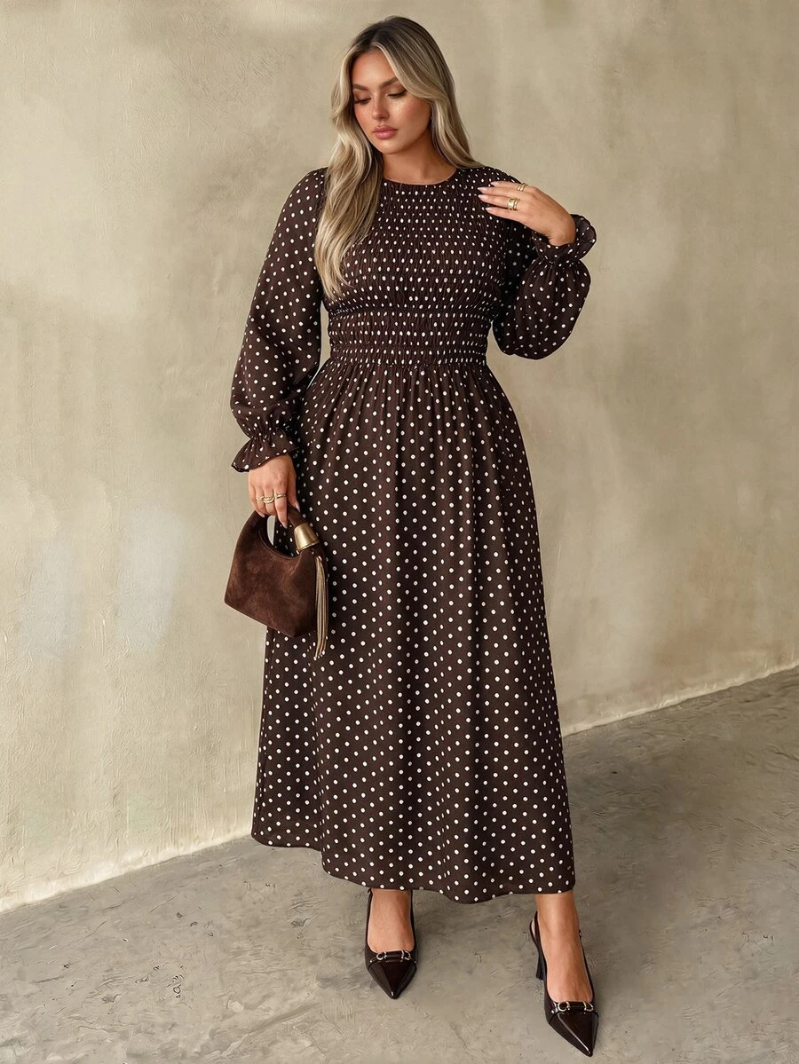 Auralis Plus Size Round Neck High Elastic Waist Flared Hem Casual Brown Ruffle Long Sleeve Everyday Dress/Dress - Brown - View 1
