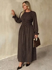 Auralis Plus Size Round Neck High Elastic Waist Flared Hem Casual Brown Ruffle Long Sleeve Everyday Dress/Dress - Brown - View 5