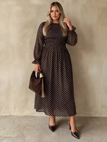 Auralis Plus Size Round Neck High Elastic Waist Flared Hem Casual Brown Ruffle Long Sleeve Everyday Dress/Dress - Brown - View 6