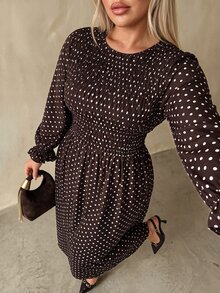 Auralis Plus Size Round Neck High Elastic Waist Flared Hem Casual Brown Ruffle Long Sleeve Everyday Dress/Dress - Brown - View 4