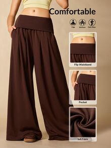 VARSIVA Women's Solid Color Folded Waist Wide Leg Loose Sports Activewear Bottom Pants - Coffee Brown - View 1