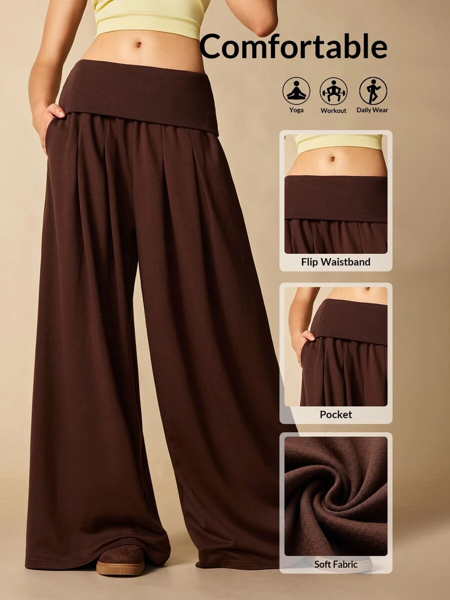 VARSIVA Women's Solid Color Folded Waist Wide Leg Loose Sports Activewear Bottom Pants - Coffee Brown - View 1
