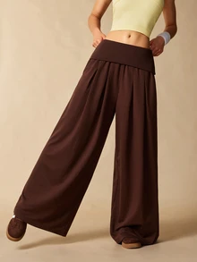 VARSIVA Women's Solid Color Folded Waist Wide Leg Loose Sports Activewear Bottom Pants - Coffee Brown - View 6