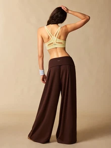 VARSIVA Women's Solid Color Folded Waist Wide Leg Loose Sports Activewear Bottom Pants - Coffee Brown - View 8