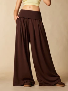 VARSIVA Women's Solid Color Folded Waist Wide Leg Loose Sports Activewear Bottom Pants - Coffee Brown - View 10