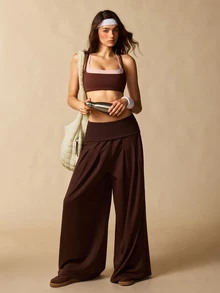 VARSIVA Women's Solid Color Folded Waist Wide Leg Loose Sports Activewear Bottom Pants - Coffee Brown - View 3