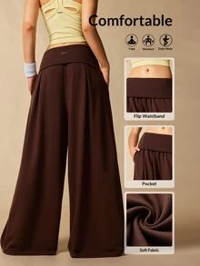 VARSIVA Women's Solid Color Folded Waist Wide Leg Loose Sports Activewear Bottom Pants - Coffee Brown - View 2