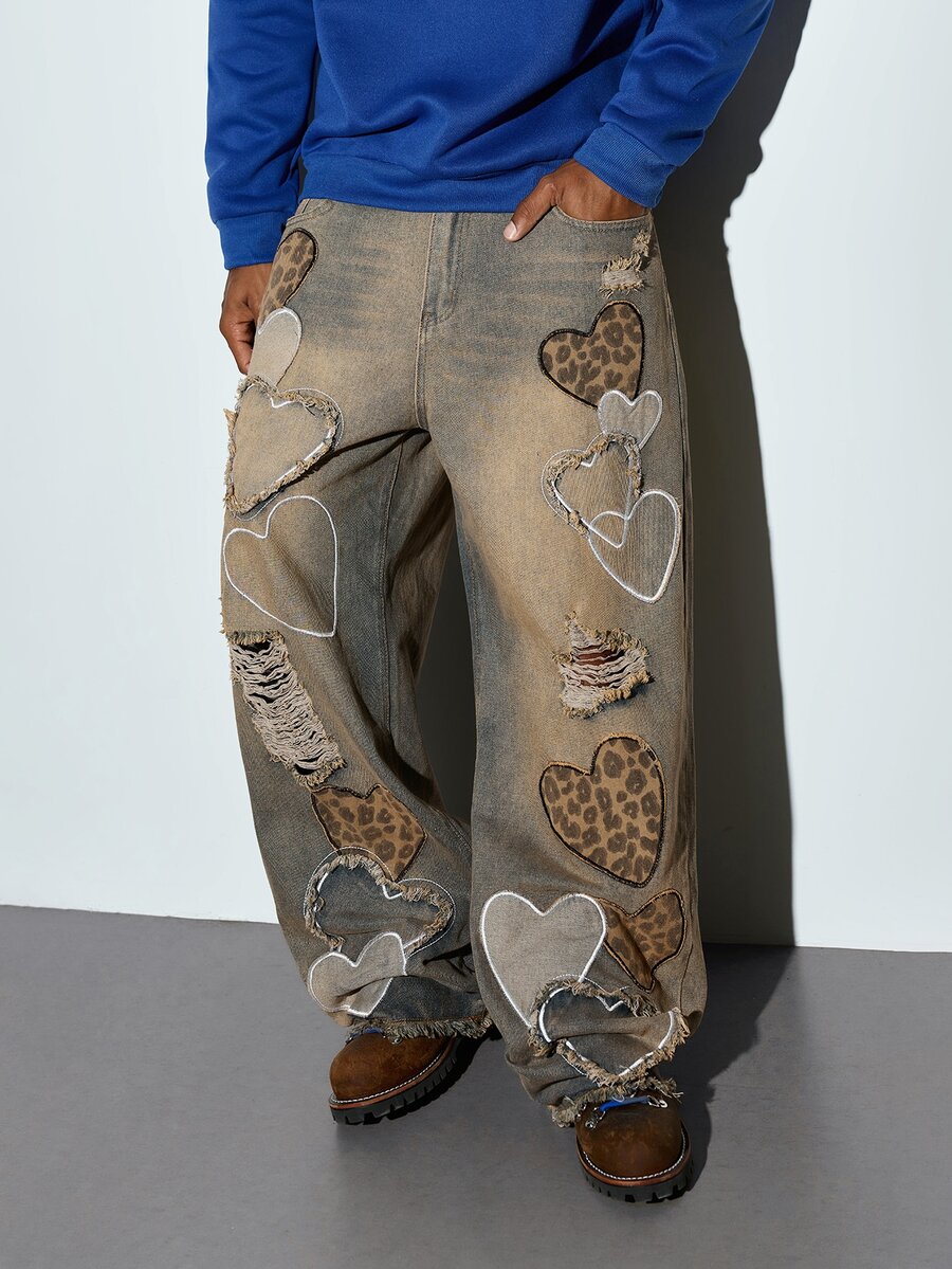 Modcrash Hearty Haven 1pc American Men's Street Style Embroidered Distressed Wide Leg Loose Casual Comfortable College Style Frayed Hem All-Season Versatile Denim Jeans - No Belt And Accessories Fall/Autumn/Winter - Bronze - View 1