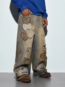Modcrash Hearty Haven 1pc American Men's Street Style Embroidered Distressed Wide Leg Loose Casual Comfortable College Style Frayed Hem All-Season Versatile Denim Jeans - No Belt And Accessories Fall/Autumn/Winter - Bronze - View 4