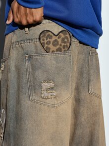 Modcrash Hearty Haven 1pc American Men's Street Style Embroidered Distressed Wide Leg Loose Casual Comfortable College Style Frayed Hem All-Season Versatile Denim Jeans - No Belt And Accessories Fall/Autumn/Winter - Bronze - View 8