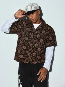 Modcrash GOLDREDY Men's Fashion New 3D Floral Jacquard Fabric Random Cut Classic Cuban Collar Summer Casual Relaxed Daily Commute Vacation Versatile Short Sleeve Shirt - Coffee Brown - View 1