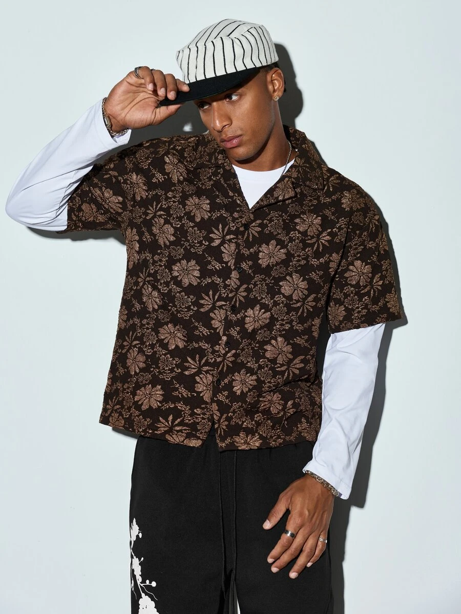 Modcrash GOLDREDY Men's Fashion New 3D Floral Jacquard Fabric Random Cut Classic Cuban Collar Summer Casual Relaxed Daily Commute Vacation Versatile Short Sleeve Shirt - Coffee Brown - View 1