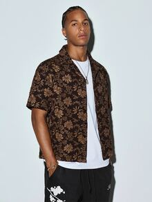 Modcrash GOLDREDY Men's Fashion New 3D Floral Jacquard Fabric Random Cut Classic Cuban Collar Summer Casual Relaxed Daily Commute Vacation Versatile Short Sleeve Shirt - Coffee Brown - View 5
