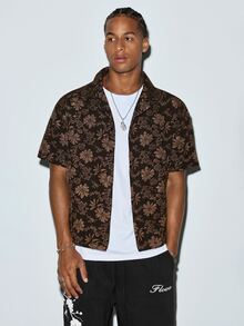 Modcrash GOLDREDY Men's Fashion New 3D Floral Jacquard Fabric Random Cut Classic Cuban Collar Summer Casual Relaxed Daily Commute Vacation Versatile Short Sleeve Shirt - Coffee Brown - View 6