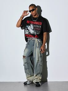 Modcrash Men's New Fashion Hip-Hop Figure & Slogan Print T-Shirt - Black - View 7